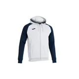 Campera deportiva Joma Academy IV, color blanco con mangas azul marino, cierre frontal completo, capucha y logo bordado en el pecho.