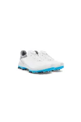 Championes de golf Ecco W Golf, color blanco con detalles en gris y celeste. Confeccionados en cuero Ecco, con tecnología GORE-TEX impermeable y tecnología BIOM® NATURAL MOTION®.