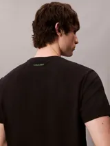 Remera de Calvin Klein en color negro con cuello redondo y mangas cortas, confeccionada en suave punto de algodón. Presenta un estampado gráfico en contraste en el pecho con la leyenda "ALL" y la firma de la marca debajo.