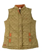 Chaleco beige capitoneado con cierre frontal y cuello de pana marrón.