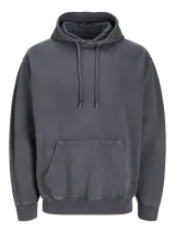 Buzo con capucha gris, de algodón y corte holgado. Tiene capucha forrada, bolsillo tipo canguro y mangas largas.