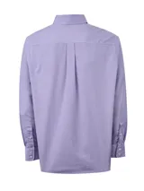 Camisa de manga larga RKF de corte regular fit, con estampado de cuadros menudos en tonos rojos y azules. Cuenta con cuello abotonado, bolsillo en el pecho con el logo bordado de la marca y botones frontales blancos.
