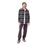Camisa de franela con diseño de estampado geométrico étnico en tonos verdes, rosas y negros. Presenta cuello clásico, cierre frontal con botones y mangas largas.