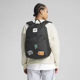 Mochila Puma Phase Patch negra con logo de Puma estampado en blanco y parches decorativos.