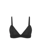 Bralette triangular negro sin aros, confeccionado en encaje suave y elástico, con tirantes ajustables y cierre trasero de ganchos.