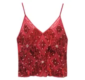 Blusa negra con lentejuelas y cuentas doradas, con tirantes finos y escote en V.