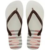 Chancletas Havaianas color gris con tiras azul marino y diseño gráfico de franjas en verde lima y azul.