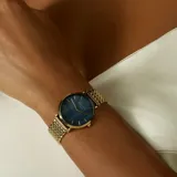 Reloj Rosefield con caja dorada de 33mm y esfera negra con textura. La malla es de acero dorada y el sistema es intercambiable. Resiste salpicaduras y lluvias ligeras (3 ATM).