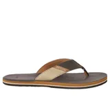 Chancletas Rip Curl modelo Oxford Bloom Open Toe, con base marrón oscuro, suela de rayas en tonos tostados y tira de tela combinada en negro y beige con el logo de la marca bordado.