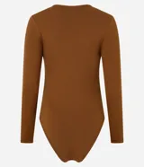 Body negro de poliamida y elastano, sin costuras, con cuello redondo y mangas largas.