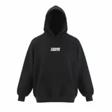 Canguro negro con capucha, bolsillo canguro frontal y puños y ruedo acanalados. Presenta un estampado frontal pequeño con el texto "Facha Posta" en tipografía geométrica blanca y un estampado grande de una estrella en la espalda.