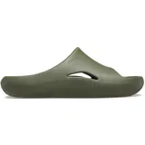 Sandalias tipo slide de una sola pieza, color verde oliva, con diseño ergonómico y contemporáneo. Presentan una abertura lateral en la parte superior y una suela gruesa con textura acanalada.