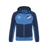 Campera deportiva Umbro del Club Nacional de Football, modelo Summit. Diseño tricolor con capucha, cierre frontal completo y bolsillos laterales con cierre.