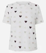 Blusa de pijama de manga corta con cuello redondo y corte regular, confeccionada en tejido peach touch con estampado de corazones pequeños en tonos neutros.