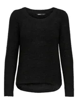 Sweater de punto negro con cuello redondo y manga larga, de corte regular y textura suave.
