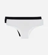 Kit de dos bombachas modelo bikini confeccionadas en poliamida y elastano. Presentan un diseño básico con cintura mediana y acabado sin costuras para mayor comodidad.