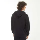 Buzo negro con capucha, cierre frontal con cremallera y bolsillos laterales.