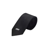Corbata negra Eme Studios, confeccionada con tejido texturizado y detalle de logotipo bordado en color blanco en el extremo inferior.