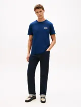 Remera de manga corta Tommy Hilfiger de color azul, con cuello redondo y logo gráfico de la marca estampado en el pecho.