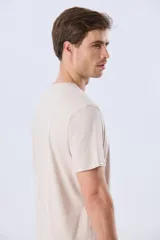 Remera gris de manga corta con cuello redondo y estampa frontal de paisaje costero con tablas de surf y la leyenda "Having Fun".