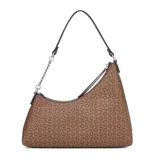 Cartera de hombro Guess modelo Eileen, con diseño asimétrico y estampado monograma de la marca en tonos marrones. Presenta un asa combinada de cuero sintético y cadena metálica, con cierre superior y logo triangular metálico en el frente.