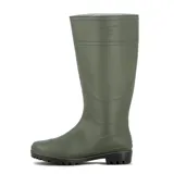 Bota de lluvia de caña alta color verde militar, con suela de goma negra antideslizante y logo de la marca estampado en el lateral.