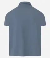 Camisa polo masculina de manga corta, confeccionada en tejido técnico de poliamida con elastano. Presenta cuello inglés con tapeta de tres botones, ofreciendo propiedades de secado rápido, elasticidad y confort térmico.