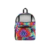 Mochila Jansport unisex con estampado tie-dye multicolor. Tiene un compartimento principal grande, un bolsillo lateral para botella de agua, un bolsillo frontal con organizador y tirantes acolchados.