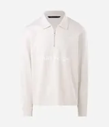 Remera de manga larga de algodón color blanco, con cuello estructurado tipo polo y medio cierre frontal. Presenta el texto bordado "Future Insight" en el pecho.