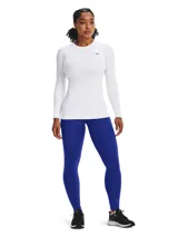 Remera térmica de manga larga Under Armour CG Authentics Crew para mujer, en color blanco, de corte ajustado y diseño liso con cuello redondo y el logotipo de la marca impreso en el pecho.