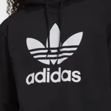 Canguro negro Adidas con capucha y bolsillo tipo canguro. Logo Adidas Trefoil estampado en blanco en el pecho.