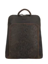 Mochila de cuero marrón oscuro, elaborada de forma artesanal, con bolsillo frontal con relieve de diseño botánico de hojas. Cuenta con compartimento para notebook y cierre.
