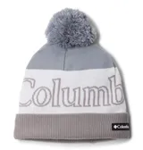 Gorro de lana Columbia Polar Powder II, color gris con franja blanca y pompón en la parte superior. Tiene el logo de la marca en el borde inferior.