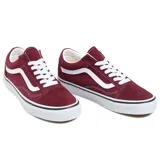 Championes Vans modelo Old Skool, color bordó con la icónica banda lateral blanca. Presentan capellada de gamuza y lona, cierre con cordones blancos y suela de goma vulcanizada con diseño tipo waffle.