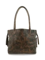 Cartera Hush Puppies de cuero color marrón con efecto jaspeado, diseño estructurado tipo tote con doble asa de hombro y detalles de borlas colgantes en los laterales.