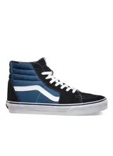Zapatillas Vans modelo Sk8-Hi de caña alta, color azul y negro con la característica franja lateral blanca y suela de goma waffle.