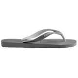 Ojotas Havaianas modelo Top Mix, con planta negra texturizada y tiras blancas.
