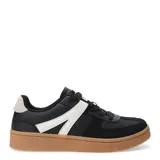 Championes urbanos de diseño clásico con paneles de cuero sintético blanco y detalles en gamuza beige en la puntera y el talón. Presentan una suela de goma color caramelo y cierre mediante cordones al tono.