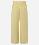 Pantalón pantacourt azul marino de viscosa, con cintura elástica, bolsillos delanteros y detalle de lazo en la cintura.