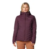 Campera técnica acolchada de mujer con capucha, color bordó. Cuenta con cierre frontal completo, bolsillos laterales con cremallera, puños con orificios para pulgares y forro interior térmico reflectante.
