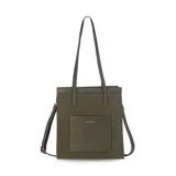 Cartera tipo tote de estructura vertical, color negro, con doble asa larga para llevar al hombro y correa desmontable y regulable. Cuenta con bolsillo frontal exterior de fácil acceso y detalles de costuras visibles.