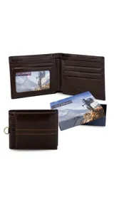 Billetera de cuero color marrón oscuro con pespuntes decorativos. Incluye un tarjetero con visor extraíble, doble compartimento para billetes, múltiples ranuras para tarjetas y bolsillos interiores.