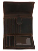 Billetera de cuero marrón con cierre de solapa y broche a presión.