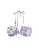 Top de bikini estilo bandeau con estampado floral en tonos violeta y azul sobre fondo crema. Presenta un diseño con nudo central, tirantes finos ajustables al cuello y detalle de cuentas decorativas en la base de los tirantes.