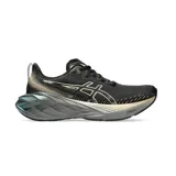 Championes de running Asics Novablast 4 Platinum, color negro con detalles en dorado y entresuela gris con acabado iridiscente. Presenta tecnología FF Blast+ en la suela para mayor amortiguación.
