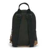 Mochila pequeña Jansport Right Pack Mini, color negro, con base inferior de gamuza marrón. Presenta un compartimento principal con cierre y un bolsillo frontal con cierre. Incluye asa superior para colgar.