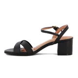 Sandalias de tacón Vizzano color negro, con tiras cruzadas en la parte delantera y tira ajustable al tobillo con hebilla metálica dorada. Tacón ancho y medio.