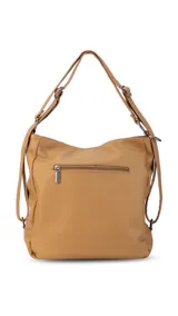 Cartera mochila versátil de cuero sintético con textura granulada, color negro. Cuenta con múltiples bolsillos frontales con cierre, correas ajustables que permiten su uso tanto como cartera de hombro o como mochila, y herrajes metálicos.