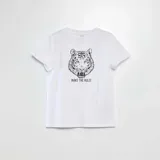 Camiseta blanca de manga corta con estampado de la cara de un tigre y la frase "MAKE THE RULES".