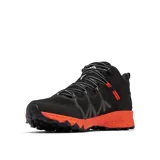 Bota de senderismo Columbia Peakfreak II Mid Outdry, color negro con entresuela naranja moteada. Presenta un diseño de altura media con malla técnica, sistema de ajuste Navic Fit, membrana impermeable OutDry y suela Adapt Trax para tracción en diversos terrenos.